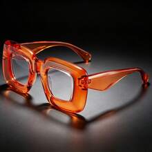 1 Pair Women's Dopamine Orange Square Lensless Empty Frame Glasses, Summer Beach Vacation Eye-Catching Atmosphere Decorative Eyewear - Orange - View 1