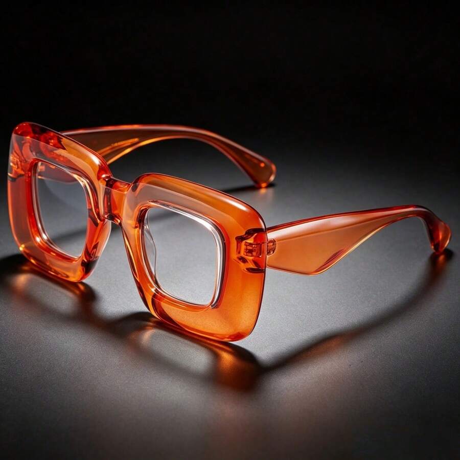 1 Pair Women's Dopamine Orange Square Lensless Empty Frame Glasses, Summer Beach Vacation Eye-Catching Atmosphere Decorative Eyewear - Orange - View 1