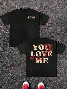 1 pièce T-shirt graphique pour homme 100% coton avec citation d'amour, streetwear, graphique double face, vêtements pour homme, typographie romantique, t-shirt imprimé numériquement, cadeaux pour - Noir - Voir 1