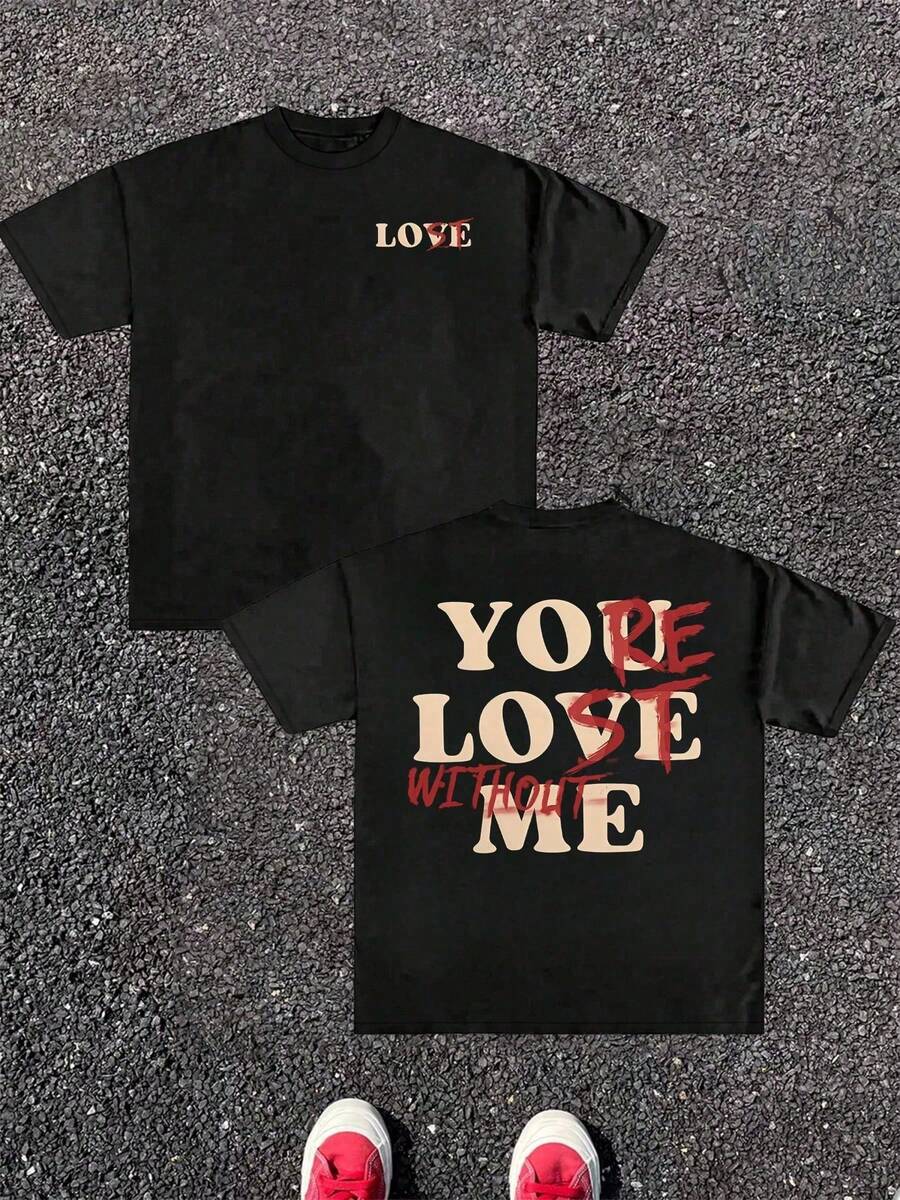 1 pièce T-shirt graphique pour homme 100% coton avec citation d'amour, streetwear, graphique double face, vêtements pour homme, typographie romantique, t-shirt imprimé numériquement, cadeaux pour - Noir - Voir 1