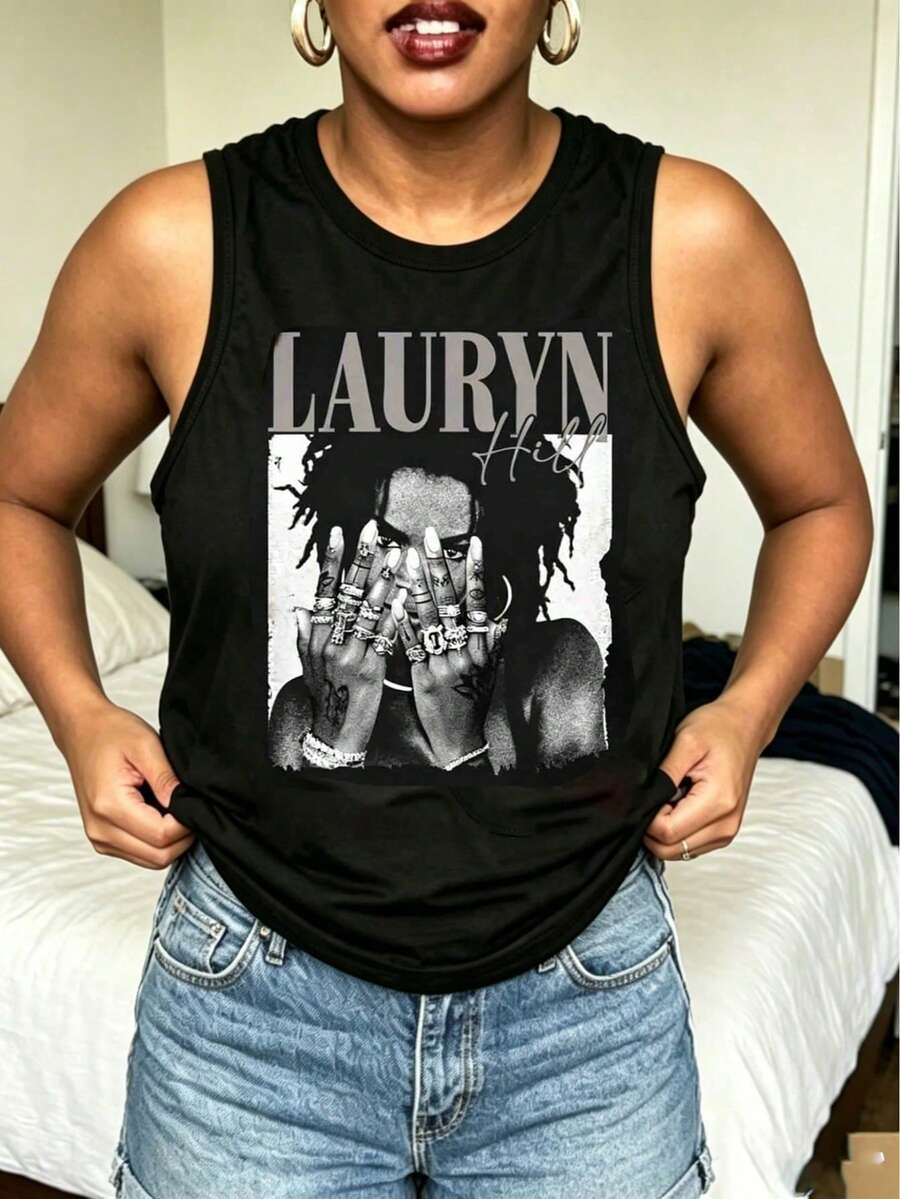 Women's Lauryn Hill Print Tank Top, Casual Sleeveless Summer Tops, Going Out Tops, Music Festival Outfits For Women, Y2K Style Graphic Tees - 黑色2 - 查看 1
