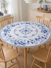 1pc Chinese Style Blue Floral Round Elastic Tablecloth, Minimalist Elegant Polyester Fitted Table Cover With Blue And White Porcelain Peony Print, Suitable For Dining Room, Kitchen, Patio, Autumn Decor, Wedding Decor, Room Decor And Home Decor - Multicolor - View 3