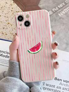 Watermelon Striped Painted Perforated Beige Minimalist Fashion Creative Anti-Drop Phone Case Compatible With Ip 17/Ip 17pro/Ip 17promax/ IP16/11/16pro/16plus/16promax/16e/15Promax/13/14/12/XS/XR/7G/8P, Compatible With Samsung Galaxy S25/S25PLUS/S25 Ultra/A16/A36/A26/A56/A50/A12/A32/A52/A72/A51/A21S/A13/A14/S24/S24PLUS/S24Ultra/S20/S23/S22/A53/S20FE/S21/Anti-Drop Phone - Multicolor - View 4