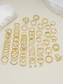 50pcs/Set Minimalist Rhinestone Asymmetrical Line Faux Pearl Ring Set, Suitable For Men And Women, Fashionable Personalized Jewelry Gift - Multicolor - View 2