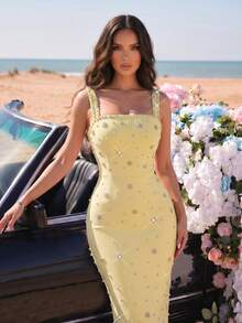 Nuevo vestido maxi de dama de honor sexy con tirantes de espagueti, cuello cuadrado, espalda descubierta, diseño floral con strass de alta gama, unicolor y ajuste ceñido - Amarillo claro - Ver 8