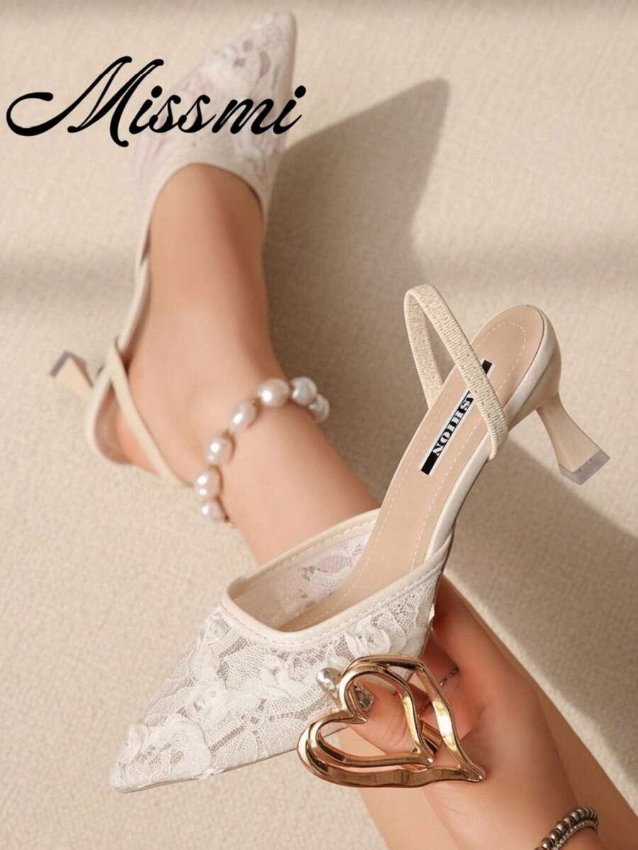 New Chinese Style White High Heel Mules, Pointed Toe Lace Embroidery Slip-On Sandals For Women,Wedding Outfits - Beige - View 1
