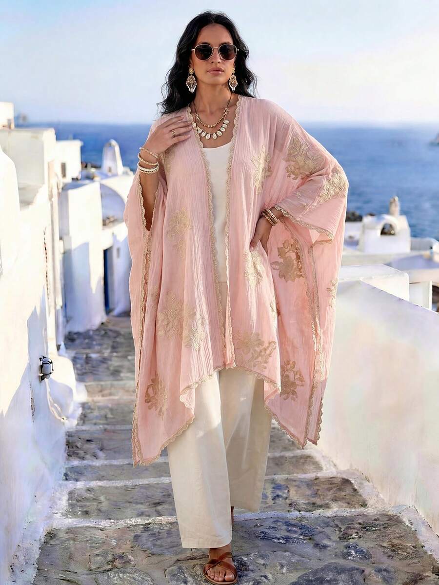 1件優雅設計花卉圖案波希米亞風刺繡開襟和服式圍裙女款,春夏海灘度假防曬罩衫,時尚百搭輕盈奢華裝飾開襟衫,適合日常穿著與送禮 - 粉色 - 查看 1