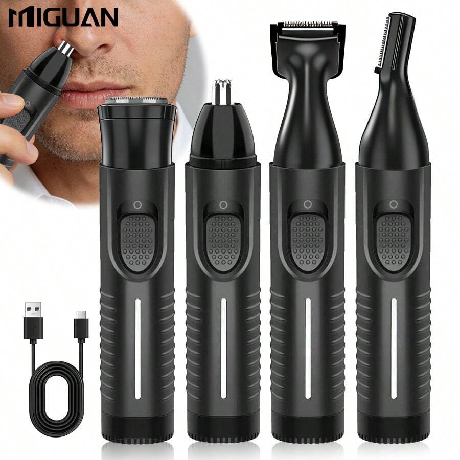 Miguan 4合1多功能電動刮鬍刀套裝：USB充電式鼻毛修剪器、鬍鬚修剪器、眉毛修剪器與鬢角修剪器，男士美容用，電池容量 500mAh