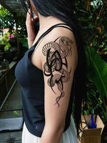 1pc Y2K Style Tattoo, Snake, Lotus Flower, Floral Animal Tattoo, Temporary Tattoo Sticker, Waterproof And Sweat-Resistant, Washable, Non-Reflective, Simulated Tattoo Effect For Arms, Legs, Shoulders, Chest, Back, Suitable For Fashion-Forward People, Lasts 3 To 5 Days - Black - View 7