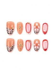 10Pcs Short Almond Press On Nails Nude Pink Base Zebra Stripe & Hand Painted Floral Design With Metal Rhinestone Charms Sweet Y2K Reusable False Nails For Daily Wear - Multicolor - View 2