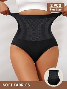 2 piezas Leggings moldeadores de talla grande para mujer, cintura alta, control de abdomen, sin costuras, pantalones adelgazantes de unicolor - Negro - Ver 3