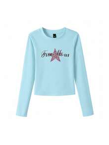 Early Autumn Star & Letter Print Unique T-Shirt For Women, American Street Style Round Neck Inner Layer Sky Blue Long Sleeve Top Casual - Sky Blue - View 6