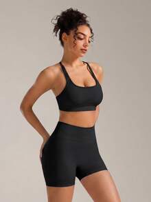 VVX Women's Built-In Bra Fitness Set, Elastic Sports Outfit, Suitable For Yoga, Cycling, Gym Training - Black - View 5