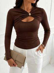 ChicMe Women's Sexy Front Twist Hollow Out Top, Gold Button Detail, Long Sleeve Slim Fit Ribbed Knit Sweater, Fashion Daily Party Wear - Coffee Brown - View 2