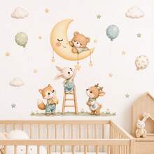 Forest Animal Wall Decals, Bear, Rabbit, Deer, Fox, Moon, Star, Cloud, Balloon Nursery Wall Stickers, Watercolor Bohemian Neutral Baby Room Decor, Newborn Baby Shower, Housewarming Gift, Suitable For Children's Bedroom - Forest Animal Wall Stickers - View 1