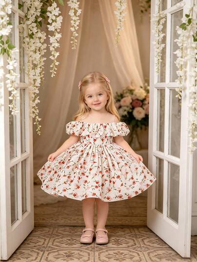 Baby Girls' Round Neck Floral Satin Princess Dress, Suitable For Flower Girl, Wedding, Birthday, Fabric Floral Pattern Random Cut, Headband Not Included
