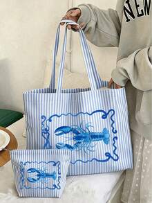 Casual Striped Canvas Tote Bag, Fun Lobster Print, Large Capacity Summer Beach Shoulder Bag, With Small Makeup Bag, Women's Casual Travel Shopping Handbag, Zipper Coin Purse, Daily Casual Handbag, Suitable For Beach, Travel, Camping, School, Outdoor Activities, Daily Life, Unique Birthday Gift, Holiday Gift, Party Gift, Vacation Gift, Back To School Gift - Multicolor - View 13