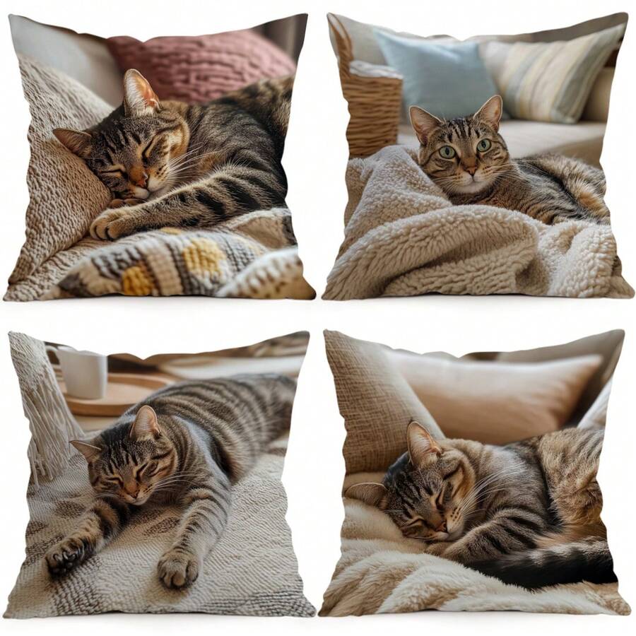 4pcs Brown Cat Pattern Pillow Covers Without Inserts, Single-Sided Printed Pillow Covers, Suitable For Living Room Bedroom Home Decor, All-Season Pillow Covers - Multicolor - View 1