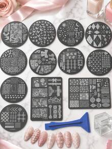 15pcs Nail Art Stamping Plates Set, Bow, Heart, Lace, Leopard, Plaid, Butterfly Nail Art Plates With Storage Book, Scraper And Stamper Set - Multicolor - View 4