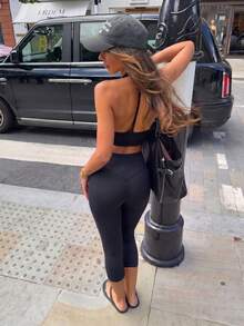 1pc Solid Color Tummy Control Butt Lifting Shaping Mid-Length Sports Shorts Black - Black - View 5