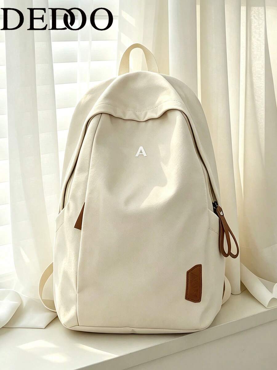 Dedoo Mochila de lona de unicolor con cremallera, gran capacidad, múltiples bolsillos, ligera, adecuada para la vuelta al colegio, viajes en el campus, para estudiantes y adolescentes, letra aleatoria - Beis - Ver 1