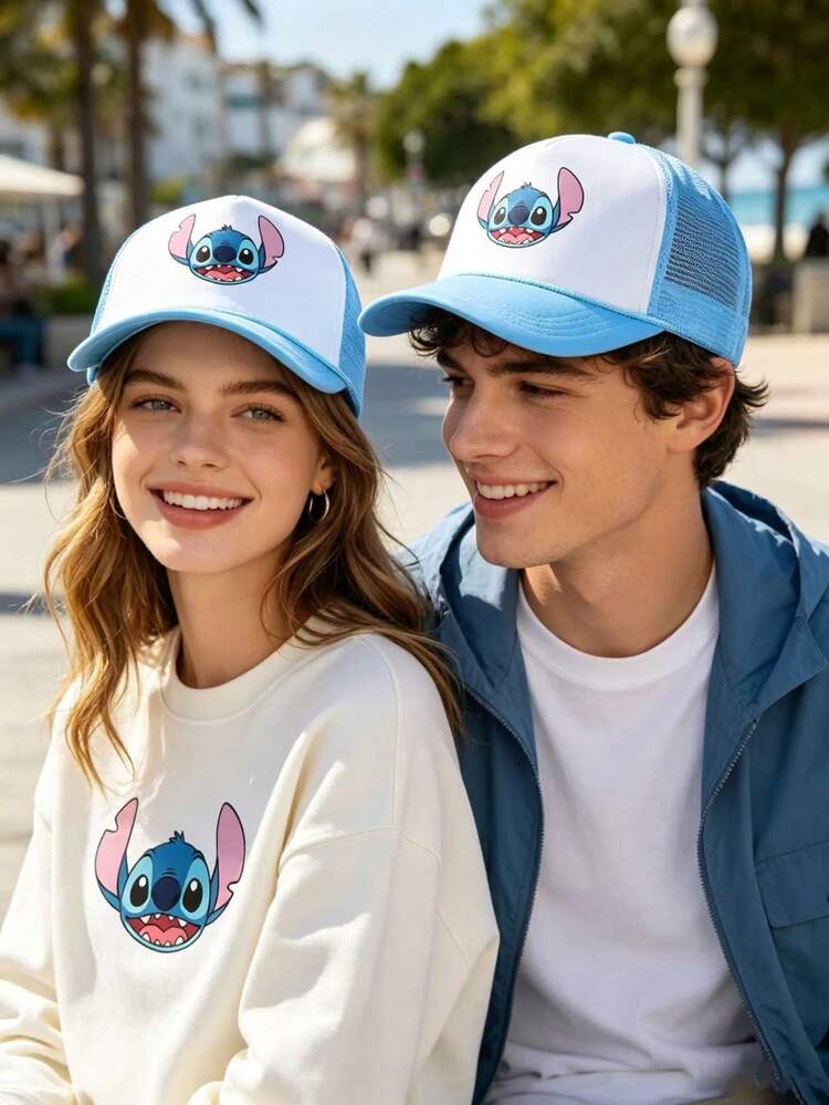 1pc Disney Stitch Unisex Black Mesh Trucker Hat, Cartoon Pattern, Breathable Mesh, Adjustable Buckle, Sun Protection Baseball Cap, Suitable For Daily Outdoor Leisure, Cartoon Gift - E - View 5