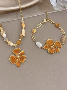 1Pc/Set Luxury Enamel Flower Clover Charm Necklace Bracelet With Naturally Stone Beads For Women,Gold Jewelry/Daily/Boho /Party/Y2K,Valentine/Vacation - Multicolor - View 7