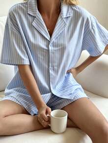 Nina Bonheur 2pcs/Set Women's Loose Comfortable Breathable Long Sleeve Top + Shorts Cute Pajama Set - Blue - View 4
