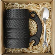 toys4boys Tire Shaped Ceramic Mug 450ml With Spoon, Car Wheel Design Gift Cup For Driver, Mechanic And Motorsport Fan - Black - View 3