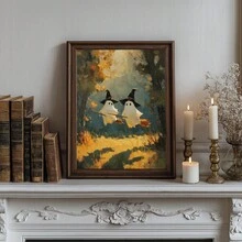 1pc Canvas Wall Art, Framed Wall Decor, Vintage Oil Painting Of Two Ghosts Wearing Wizard Hats And Riding Brooms In Autumn Forest, Atmospheric Halloween Canvas Poster, Dark Academia Vintage Aesthetic Wall Decor, Suitable For Modern Home Decoration - Ghost Witch - View 8