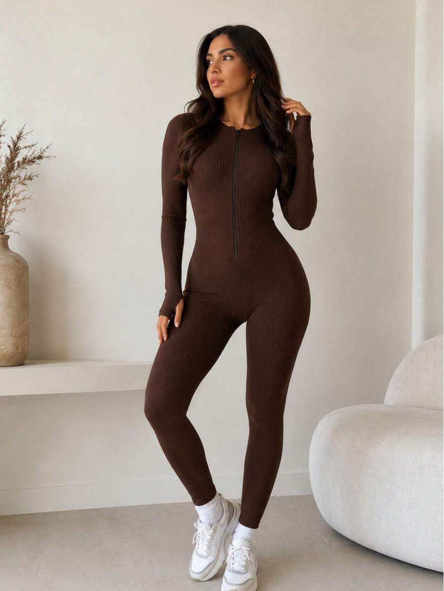Women's Fitted Ribbed Jumpsuit With Front Zipper And Elegant Long Sleeves, Knit Fabric, Winter - Rust Brown - View 1