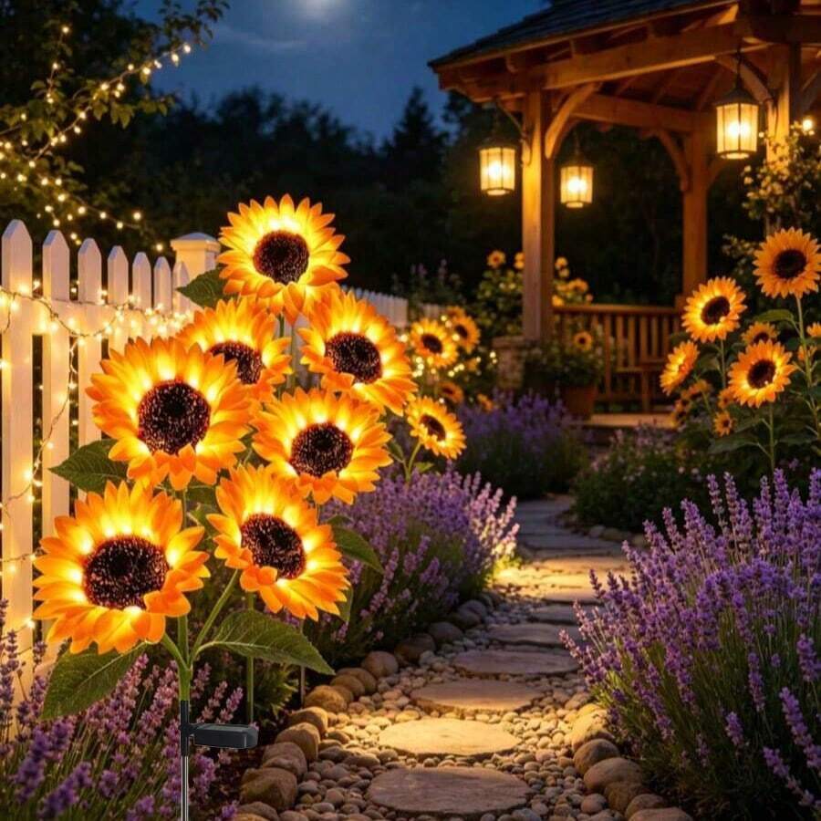 1pc Solar Powered Outdoor Garden Decorative Light, With 3 Sunflower/Dandelion Light Heads, Waterproof Solar Outdoor Light, Auto On/Off, Suitable For Garden, Patio, Yard
