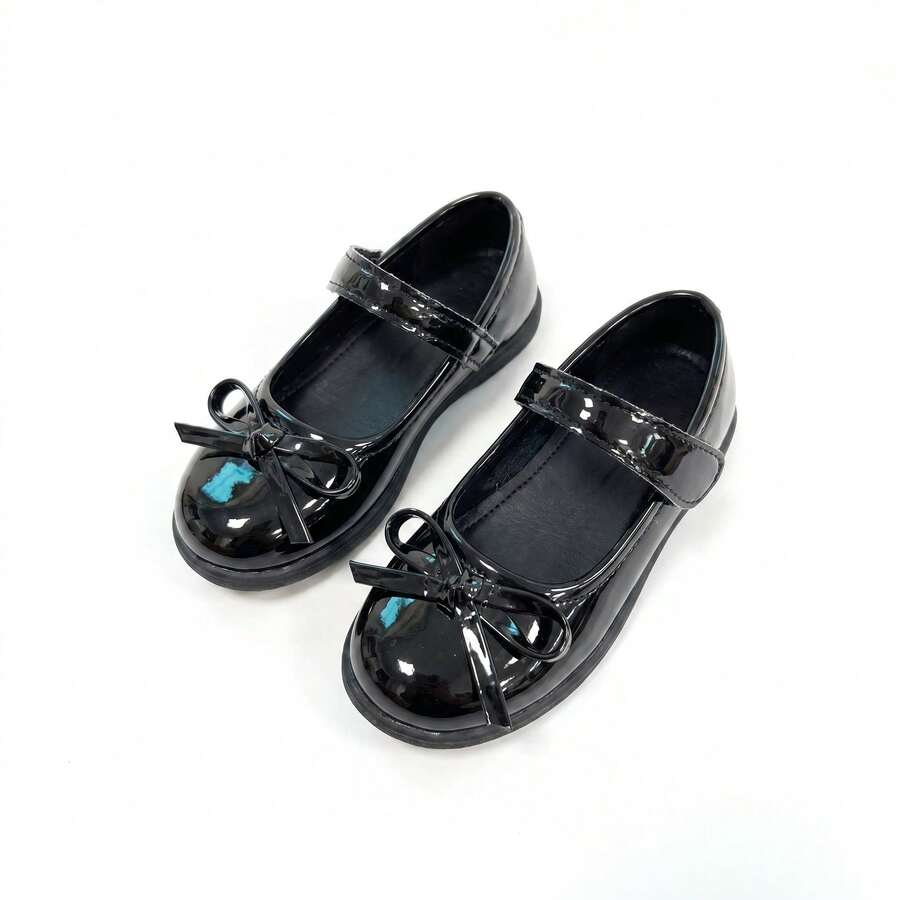 Girls' Glossy Black Bow Mary Jane Shoes, Hook And Loop Easy-On Flat Shoes, Suitable For School, Performance, Formal Occasions - Black - View 1