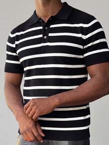 Men's Knitted Striped Short Sleeve Polo Shirt - Black - View 2