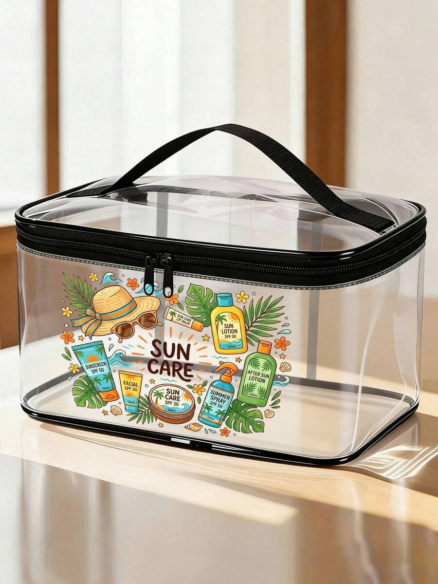 全新「Sun Care」主題印花 PVC 防水盥洗包,PVC 沙灘包,清新手繪太陽與防曬設計,夏季防曬護理收納禮品,PVC 拉鍊旅行收納包,輕量耐褪色化妝盥洗包,適合女性與男性,易清潔設計,適合母親、老師、朋友、護理師化妝包,學校假期返校用品盥洗包 - 彩色 - 查看 1