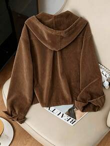 Women's Hooded Corduroy Solid Color Front Button Daily Shirt, Autumn/Winter - Brown - View 4