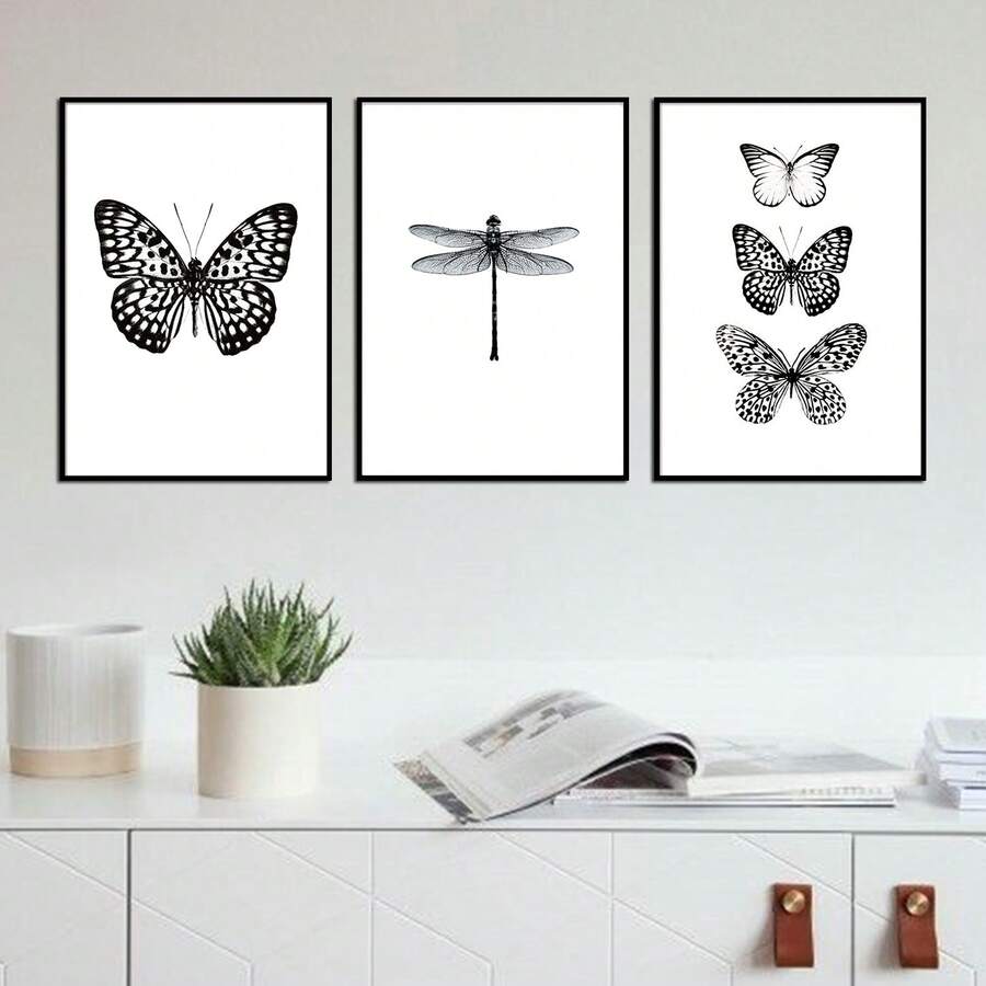 Quadros decoração casa sala presente - imagens Borboletas Libélula Liberola preto e branco bordas infinitas - kit 3 placas MDF 20x30cm - Preto e Branco - Visão 1