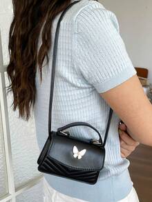 Butterfly Decor V-Shaped Quilted Mini Handbag, Elegant Solid Color PU Crossbody Bag With Handle, Women's Sweet Style Small Square Shoulder Bag, Suitable For Daily Use, Vacation Travel - Black - View 4