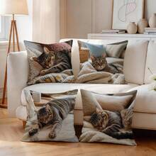 4pcs Brown Cat Pattern Pillow Covers Without Inserts, Single-Sided Printed Pillow Covers, Suitable For Living Room Bedroom Home Decor, All-Season Pillow Covers - Multicolor - View 7