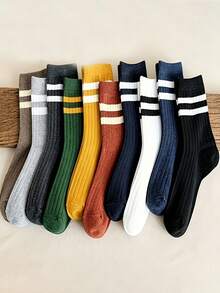 10 Pairs Women's Mid-Calf Socks, Breathable & Moisture-Wicking, Double Stripe Design, Suitable For Autumn/Winter - Multicolor - View 3