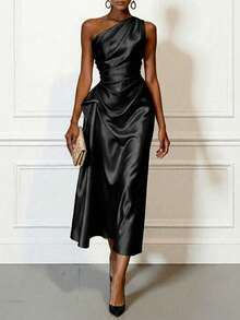 Women's Summer Evening Midi Dress, Elegant One-Shoulder Ruched Slim Fit, Satin Fabric, Sleeveless, Champagne Black Blue, Draped Luxury Style - Black - View 5