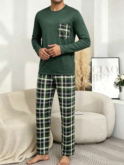 Ensemble de pyjama 2 pièces pour hommes, col rond, couleur unie, poche, imprimé lettre, manches courtes, pantalon long, simple élégant exquis