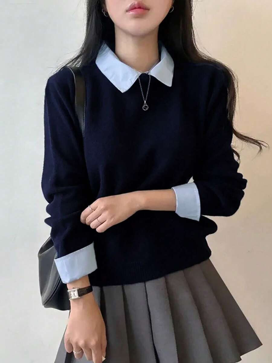 女款 2-in-1 Polo領內搭毛衣,短版寬鬆針織上衣,休閒慵懶風,秋冬款 - 藏蓝色 - 查看 1
