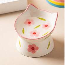 1pc Cute Cat Face Design Ceramic High Foot Pet Bowl, Anti-Tipping Slanted Rim Dog Cat Food Water Feeder - White - View 11