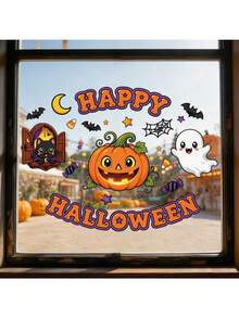 1PC Cute Cartoon Pumpkin Ghost Black Cat Static Window Sticker Happy Halloween Bat Spider Web Moon Candy Star Double-Sided Printed PVC Static Sticker No Glue Glass Decal Removable Reusable Home Store Window Door Halloween Party Holiday Decoration - Cartoon Pumpkin Ghost Black Cat - View 5
