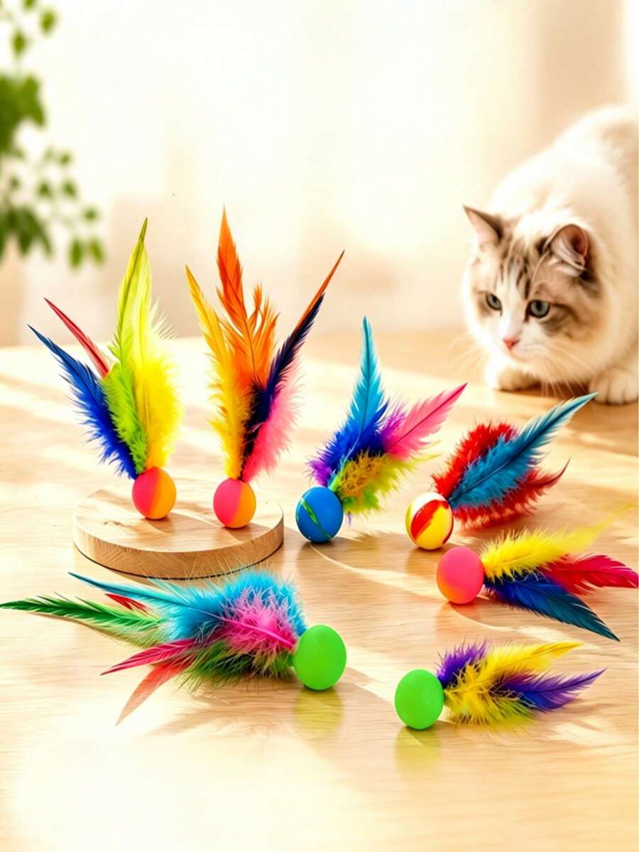 1/6pcs Colorful Feather Elastic Bouncy Ball Cat Toy, Interactive Self-Play Indoor Kitten Toy, Relieve Boredom And Burn Excess Energy, Daily Entertainment Pet Birthday Holiday Gift - View 1