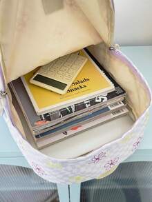 3件組返校書包套裝－棋盤格/花卉圖案大容量書包＋便當袋＋鉛筆袋多件組，附筆電隔層、可調式肩帶與寬敞多口袋，輕量便攜拉鍊包，適合學生/青少年/畢業生，適用戶外/旅行/國中/高中/大學，大學必備書包 - 紫色 - 查看 4