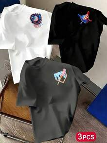 3pcs-Tween Boy Popular City Landmark Print Crew Neck Short Sleeve T-Shirt, Suitable For Boys Daily Wear, School Outfit, Streetwear, Fashion Summer Top - White - View 2