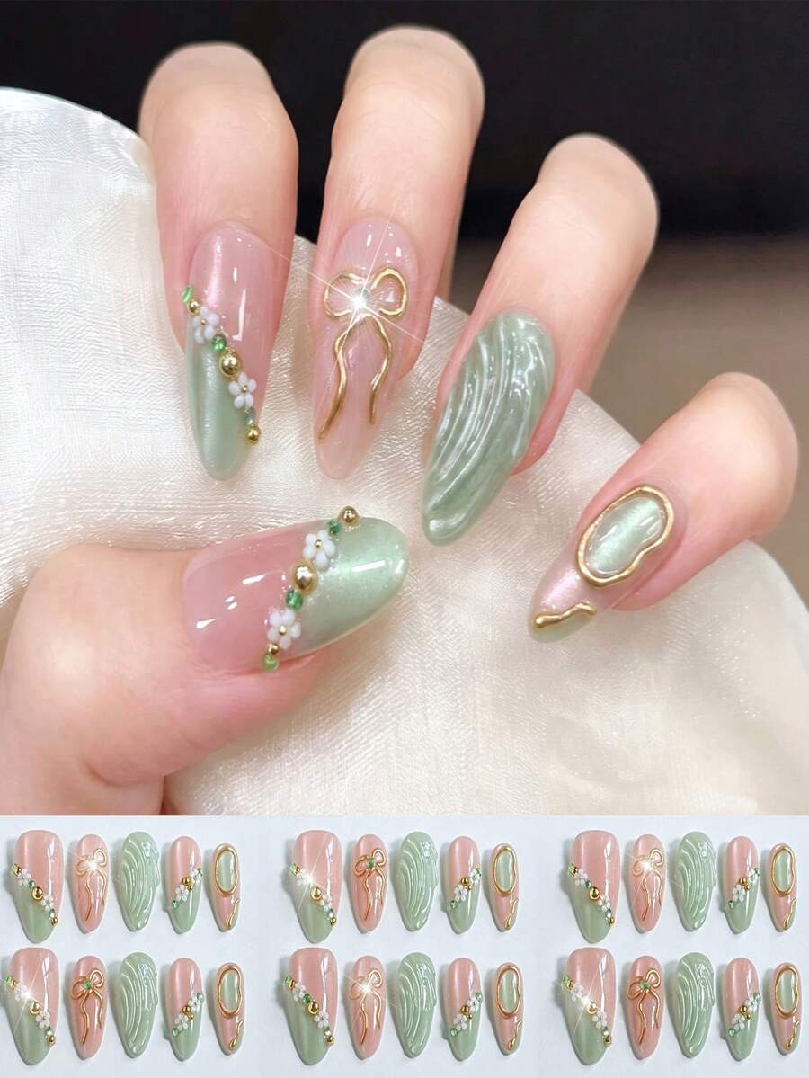 10pcs Pink Green Cat Eye Ombre Fake Nails With 3D Gold Bow, Small Flower Bead Inlay, Water Ripple Texture Press On Nails,Reusable Almond Shaped False Nails For Summer Wedding Daily Manicure - Multicolor - View 1