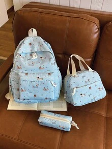 3件組時尚學院風蝴蝶結/狗狗印花背包套裝，包含背包、便當袋與鉛筆袋，附筆電隔層、可調節肩帶、多口袋大容量學生書包套裝，適合女生/青少年/大學生/畢業生日常使用/度假/旅行/開學 - 2260 - 查看 19